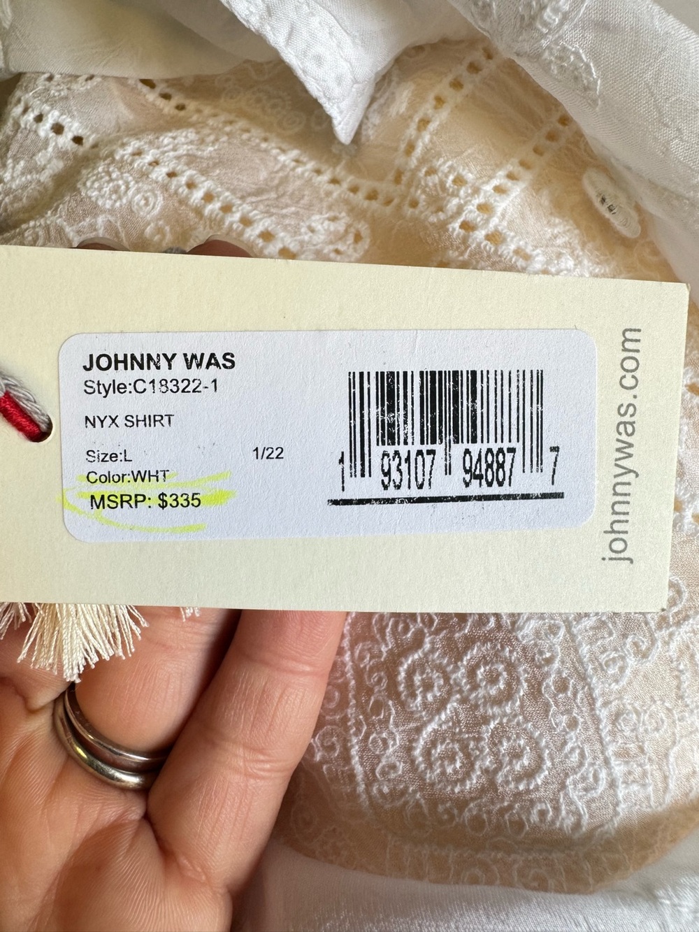 Johnny Was NYX Shirt Off White Mixed Media Blouse Large Coastal Euro Summer NWT - Picture 14 of 16